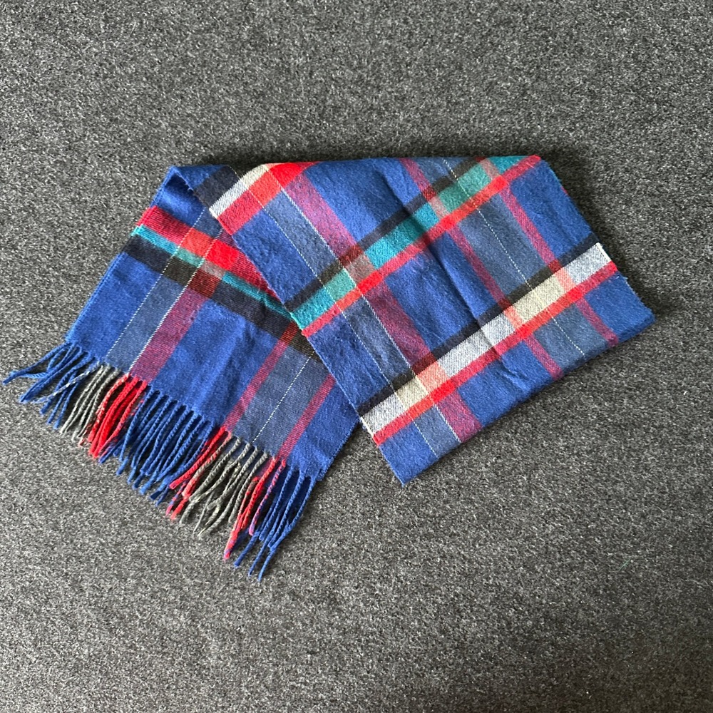 Christian Dior Monsieur Vintage Blue Plaid Cashmaire Scarf Made in Japan Fringe